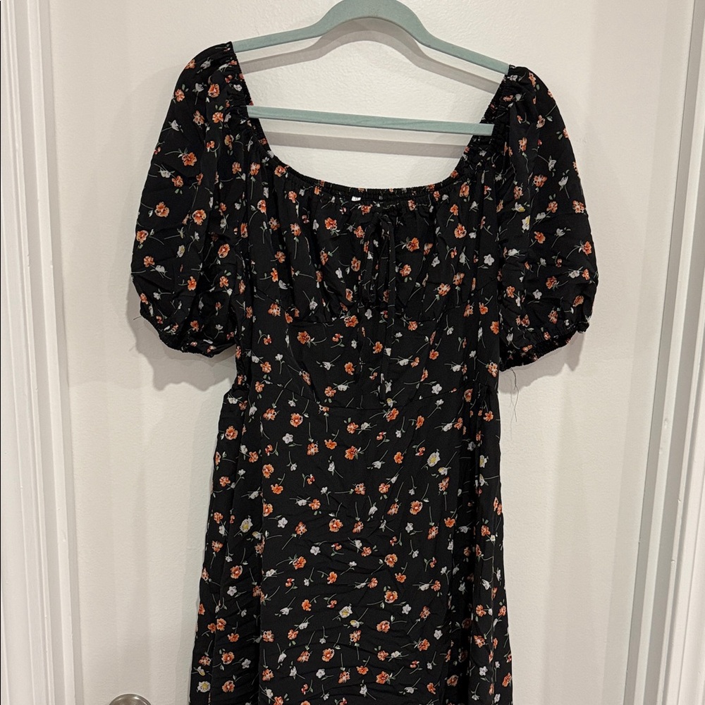 Floral Print Tie Front Square Neck Slit Hem Midi Dress